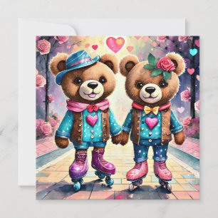 Tarjeta Festiva Osos de peluche de San Valentín con patines de rue