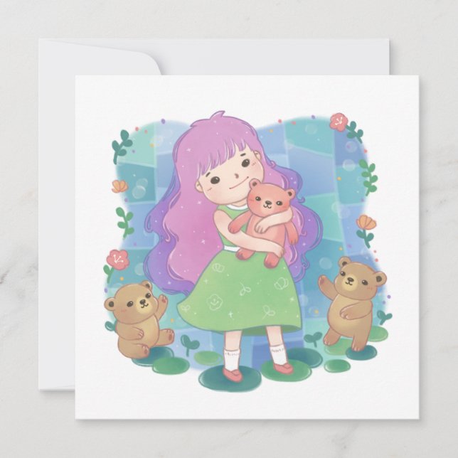 Tarjeta Festiva Osos de peluche y Ilustracion Chica (Anverso)