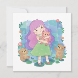 Tarjeta Festiva Osos de peluche y Ilustracion Chica