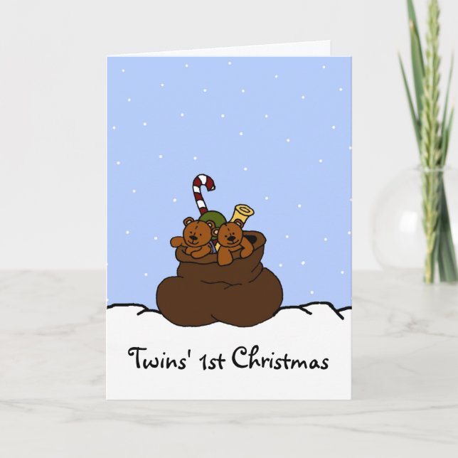 Tarjeta Festiva Osos del gemelo en el saco de Santas (Anverso)