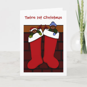 Tarjeta Festiva osos gemelos en medias Navidades