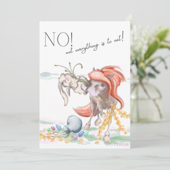 Tarjeta Festiva Oster Karte mit Pferd und Hase, lustige Tiere  (Anverso de pie)