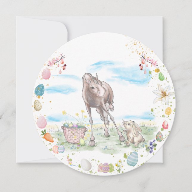 Tarjeta Festiva Oster Karte mit Pferd und Osterhase, Grusskarte (Anverso)