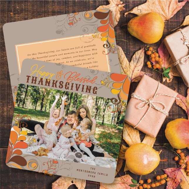 Tarjeta Festiva Otoño Caída Deco Deja Swirls Foto De Acción De Gra (Fall Deco Floral Swirls Thanksgiving Photo Holiday Card)