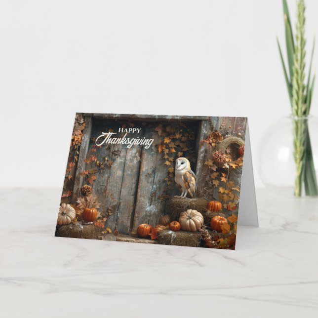 Tarjeta Festiva Otoño de Aceite de Lechuza Barne y Madera de Barn (Anverso)