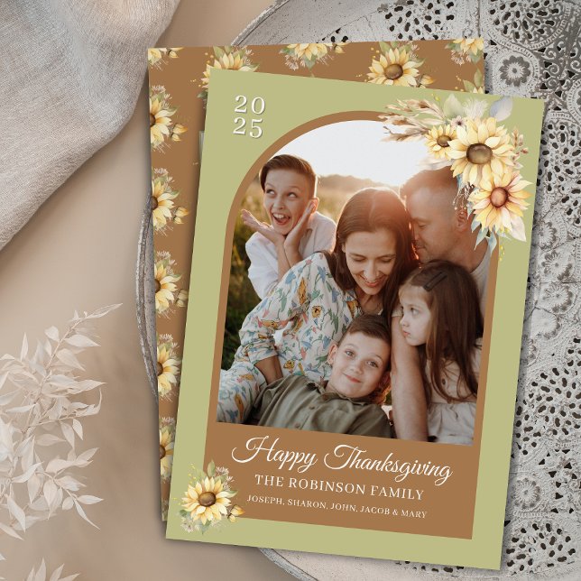 Tarjeta Festiva Otoño otoño floral feliz día de gracias (elegant sunflowers theme Happy Thanksgiving cards with arch photo and rustic farmhouse aesthetics)