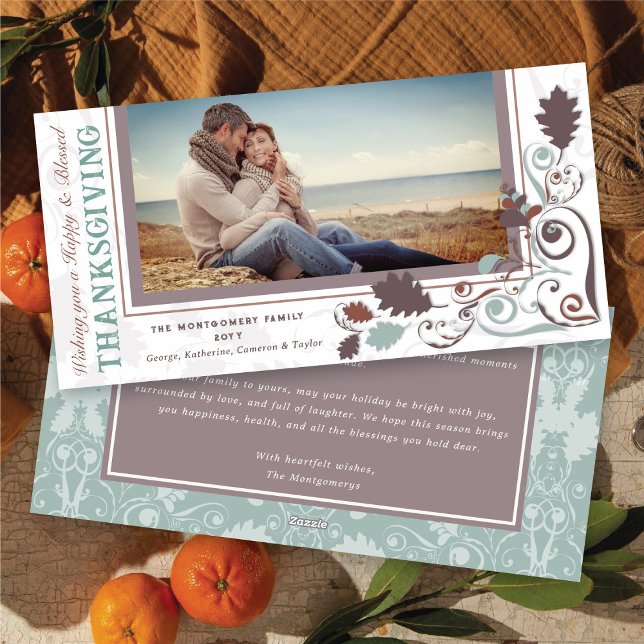Tarjeta Festiva Otoño Sale Elegante Fotos De Acción De Gracias De  (Fall / Autumn Leaves Elegant Decorative Swirls Happy Thanksgiving Photo Holiday Card @ fat_fa_tin)