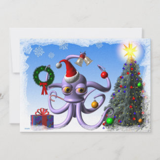 Tarjeta Festiva Otopus santa y árbol con luces