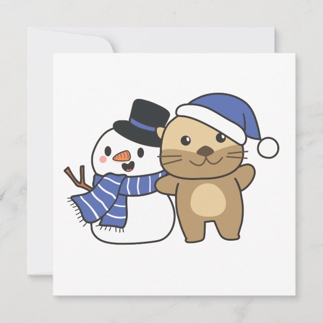 Tarjeta Festiva Otter Con Snowman En Invierno Para Navidades (Anverso)