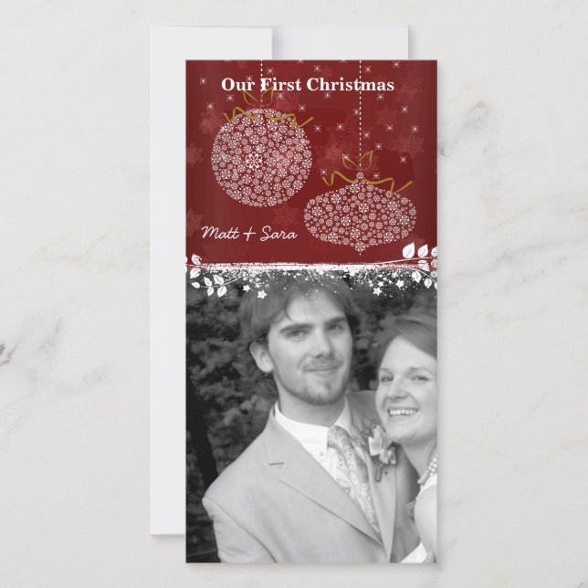 Tarjeta Festiva Our 1st Christmas White Ornaments Photo Card (Anverso)