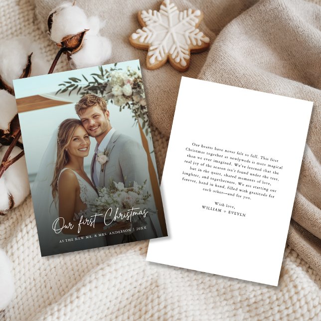 Tarjeta Festiva Our First Christmas Elegant Beach Wedding Photo (Subido por el creador)