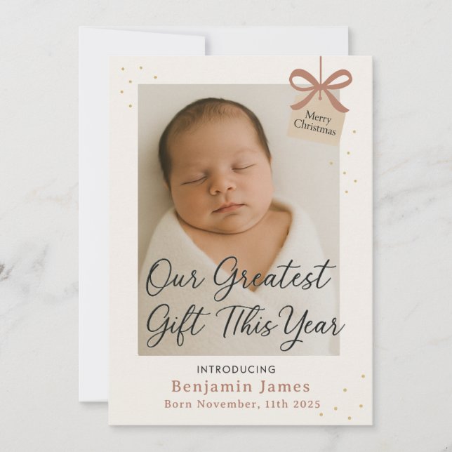 Tarjeta Festiva Our Greatest Gift Baby Announcement Holiday Card (Anverso)