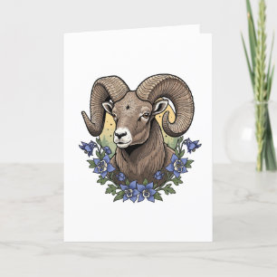 Tarjeta Festiva Ovejas de Cuerno Grande con Flores de Aquilegia Az