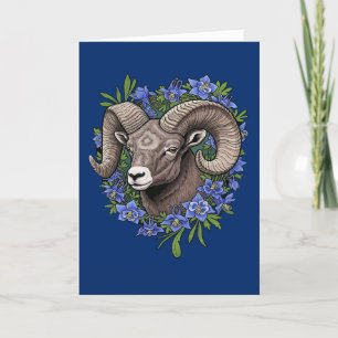 Tarjeta Festiva Ovejas de cuernos grandes y flores de columbina az