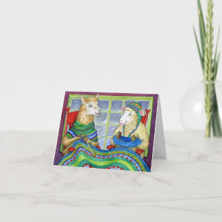 Tarjeta Festiva Ovejas y llama que hacen punto