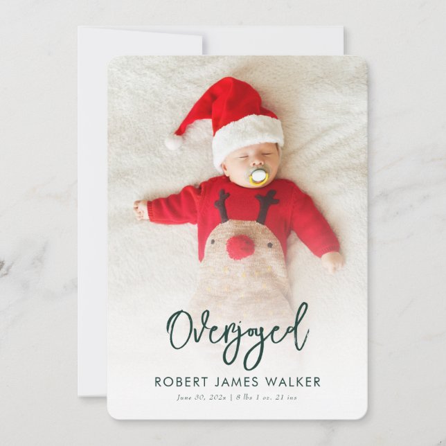 Tarjeta Festiva Overjoyed Christmas Baby Photo Birth Announcement (Anverso)