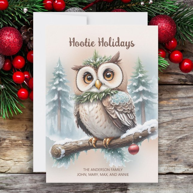 Tarjeta Festiva Owl Rustic Navidades "Festividades de Hootie" ("Hootie Holidays" owl watercolor painting Christmas holiday greeting card.)