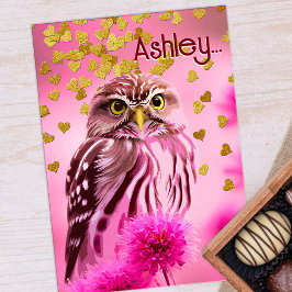 Tarjeta Festiva Owl Valentine Cute Pun Girly Pink Gold Hearny