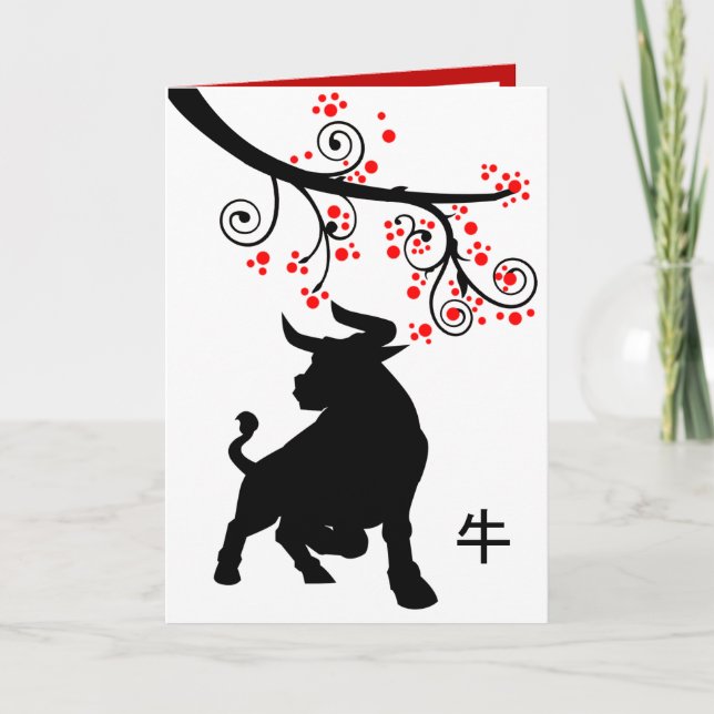 Tarjeta Festiva Ox y flores rojas de Año Nuevo chino 2021 (Anverso)