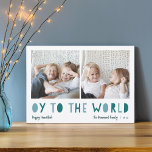 Tarjeta Festiva Oy to the World | 2 Foto Hanukkah<br><div class="desc">La fantástica tarjeta de fotos Hanukkah presenta dos de tus fotos familiares favoritas en un formato cuadrado alineado lado a lado. "Oy to the World" aparece debajo de la letra azul y verde recortada. Personalice con su nombre o apellidos, el saludo de personalizados y el año a lo largo de...</div>