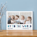 Tarjeta Festiva Oy to the World | 2 Foto Hanukkah<br><div class="desc">La fantástica tarjeta de fotos Hanukkah presenta dos de tus fotos familiares favoritas en un formato cuadrado alineado lado a lado. "Oy to the World" aparece debajo de la letra azul recortada. Personalice con su nombre o apellidos, el saludo de personalizados y el año a lo largo de la parte...</div>
