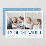 Tarjeta Festiva Oy to the World | 2 Foto Hanukkah<br><div class="desc">La fantástica tarjeta de fotos Hanukkah presenta dos de tus fotos familiares favoritas en un formato cuadrado alineado lado a lado. "Oy to the World" aparece debajo de la letra azul recortada. Personalice con su nombre o apellidos, el saludo de personalizados y el año a lo largo de la parte...</div>