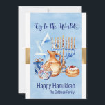 Tarjeta Festiva Oy to the World Blue Gold Hanukkah<br><div class="desc">Este diseño fue creado a través del arte digital y puede ser personalizado en el área que proporciona cambiando la foto y/o el texto. O puede personalizarse eligiendo la opción de hacer clic en el personalizar y borrar o cambiar el color del fondo, agregar texto, cambiar el color o estilo...</div>