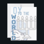 Tarjeta Festiva Oy To the World Graciosamente Happy Hanukkah Blue<br><div class="desc">todo el texto de esta tarjeta está diseñado, así que se puede cambiar fácilmente si lo desea. obviamente, esto incluye la firma en el reverso también. el frontal incluye gráficos un globo opaco que lleva una máscara en el fondo, y un contorno de la menorah plateado hacia la parte inferior...</div>