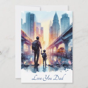 Tarjeta Festiva Padre e hijo lindos explorando la ciudad Acuarela