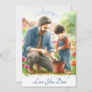 Tarjeta Festiva Padre e hijo lindos jardinería juntos acuarela