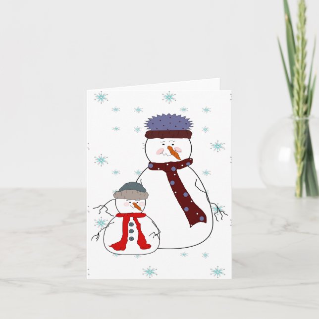 Tarjeta Festiva Padre e hijo Snowman Niñando arte caprichoso (Anverso)