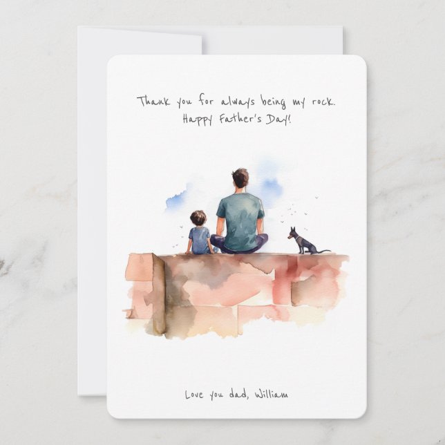 Tarjeta Festiva Padre, hijo y perro mascota | Acuarela | Día del P (Anverso)