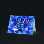 Tarjeta Festiva Paint Splatter Blue Menorah<br><div class="desc">Pintar una tarjeta de bienvenida azul menorah.</div>