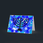 Tarjeta Festiva Paint Splatter Blue Menorah<br><div class="desc">Pintar una tarjeta de bienvenida azul menorah.</div>