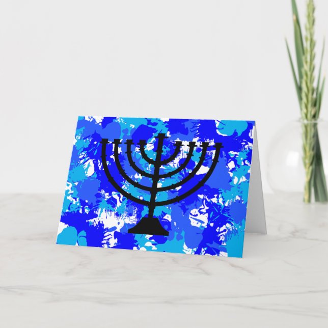 Tarjeta Festiva Paint Splatter Blue Menorah (Anverso)