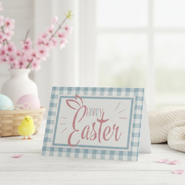 Tarjeta Festiva País Gingham Blue Feliz Personalizado de Pascua (Country Gingham Blue Happy Easter Custom Holiday Card)