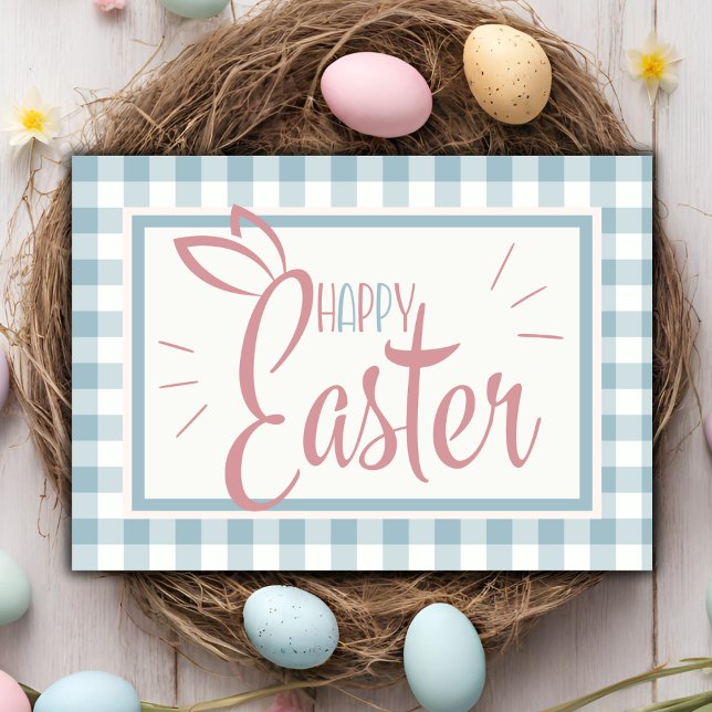 Tarjeta Festiva País Gingham Blue Feliz Personalizado de Pascua (Country Gingham Blue Happy Easter Custom Holiday Card)