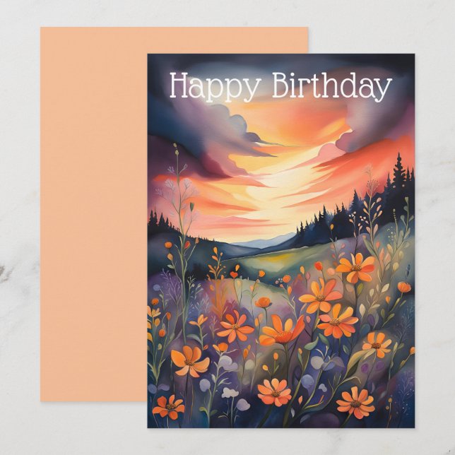 Tarjeta Festiva Paisaje acuático con mariposas y puesta de sol (Anverso / Reverso)