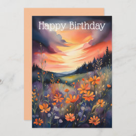 Tarjeta Festiva Paisaje acuático con mariposas y puesta de sol