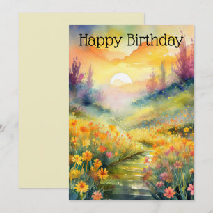 Tarjeta Festiva Paisaje acuático con mariposas y puesta de sol