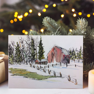 Tarjeta Festiva Paisaje acuático del Barn Rojo de Invierno
