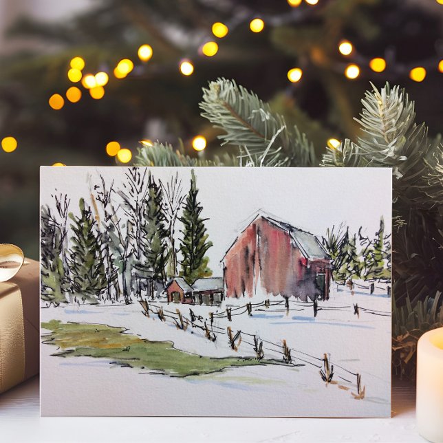 Tarjeta Festiva Paisaje acuático del Barn Rojo de Invierno (Subido por el creador)
