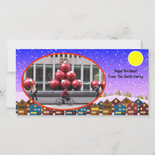 Tarjeta Festiva paisaje con las casas y photocard de la nieve