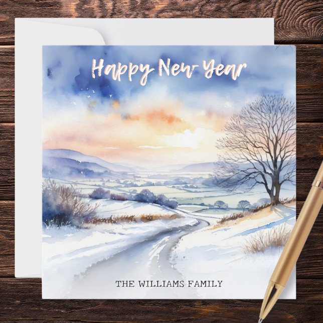 Tarjeta Festiva Paisaje de nieve invernal en acuarela Año Nuevo Fe (Wish friends and family a Happy New Year with this personalized card, featuring a snowy landscape
)