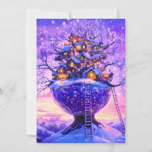 Tarjeta Festiva Paisaje de pueblo de árbol nevado de fantasía de i