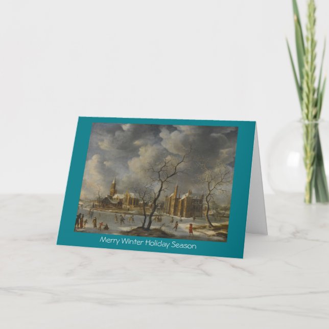 Tarjeta Festiva Paisaje del invierno con los patinadores en (Anverso)