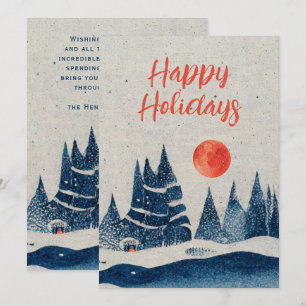 Tarjeta Festiva Paisaje invernal bosque luna naranja azul marino