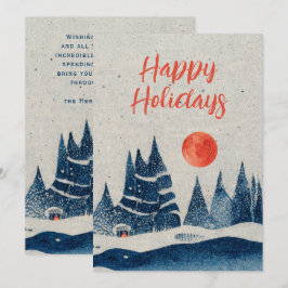 Tarjeta Festiva Paisaje invernal Bosque Luna naranja Azul marino