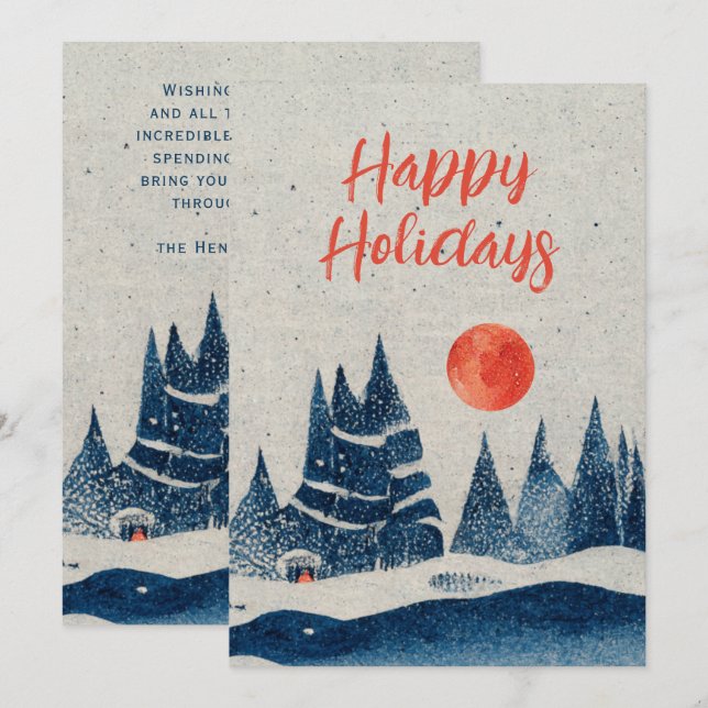 Tarjeta Festiva Paisaje invernal Bosque Naranja de la Marina Luna  (Anverso / Reverso)