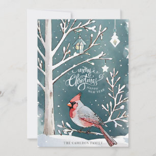 Tarjeta Festiva Paisaje invernal del Cardenal Rojo navidades